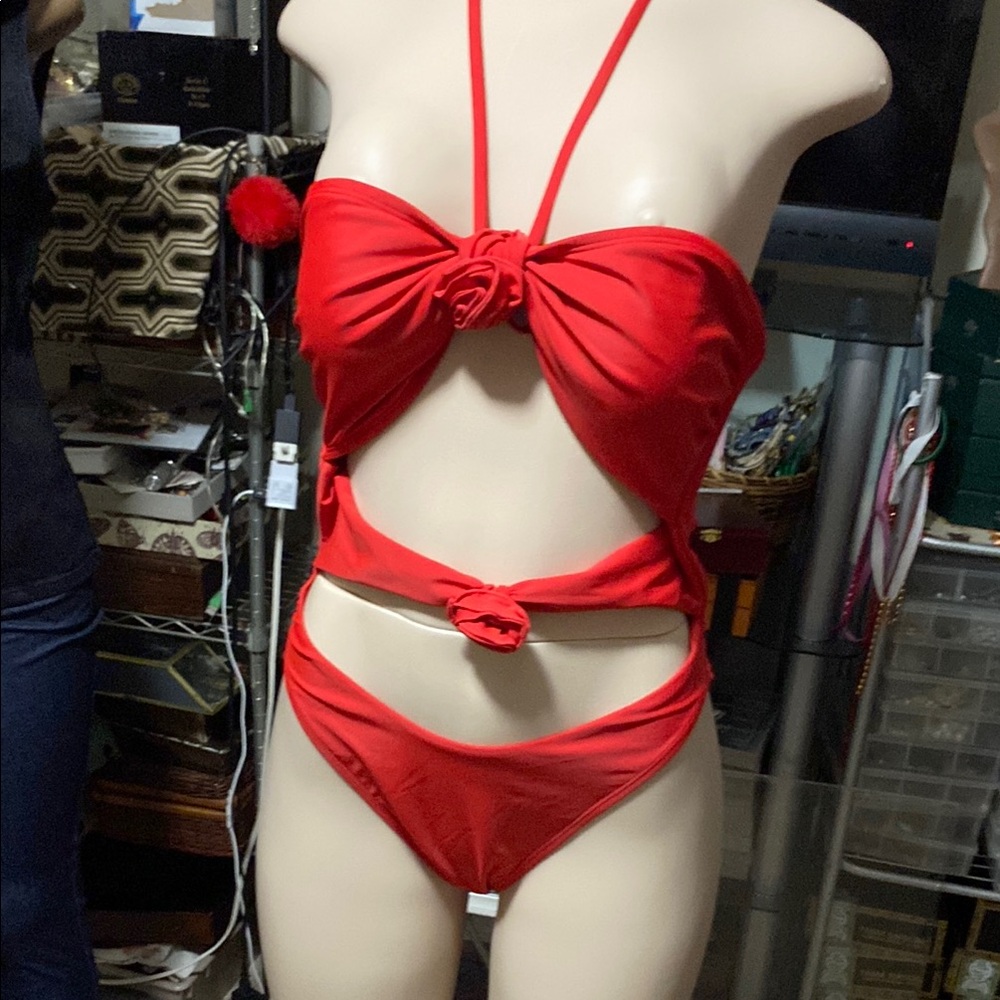 Wild Fable Red Rose accents One-Piece Swimsuit with Bold Cutout Design